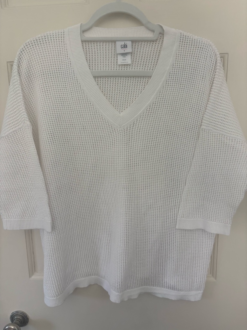 Cabi White V-Neck Mesh Knit Sweater